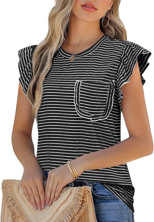 JUSTFASHIONNOW Womens Summer Tops Striped T-Shirts 2026 Ruffle Short Sleeve Crew Neck Casual Blouses with Pocket
