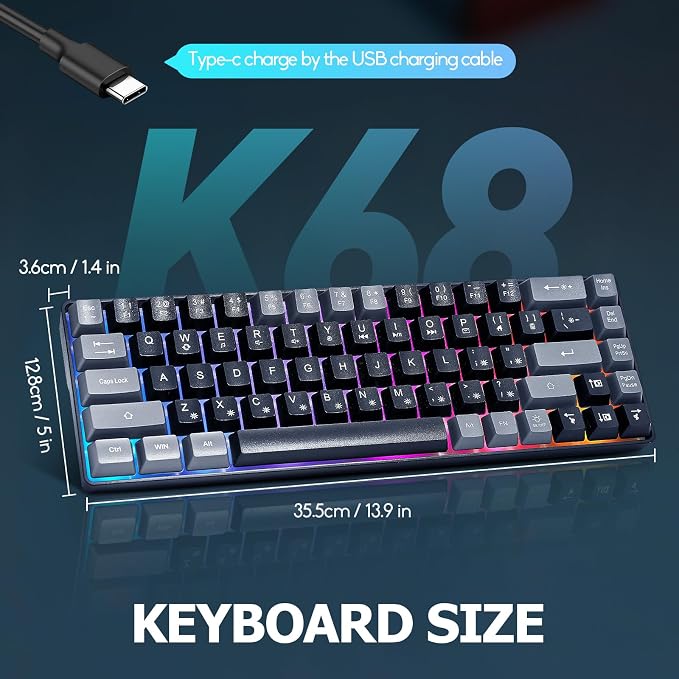 Guiheng Wired Portable 60% Mechanical Feeling Gaming Keyboard,RGB LED Backlit Compact 68 Keys Mini Wired Office Keyboard for Windows Laptop PC Mac Gamer, Typist, Travel on Business Trip Black–Grey