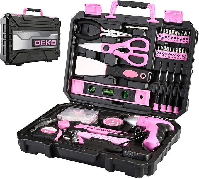 DEKOPRO Pink 98 Piece Tool Set,General Household Hand Tool Kit with Plastic Toolbox Storage Case