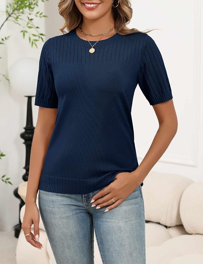 Zeagoo Women's Short Sleeve Sweater Tops 2026 Spring Summer Crew Neck Hollow Out Blouses Dressy Business Casual Outfits