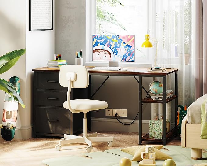 AODK 51 Inch Computer Desk with Drawers & USB Power Outlets | Reversible Home Office Desk with Storage Shelves, Work from Home, Modern Work/Writing/Study Table for Bedroom, Vintage