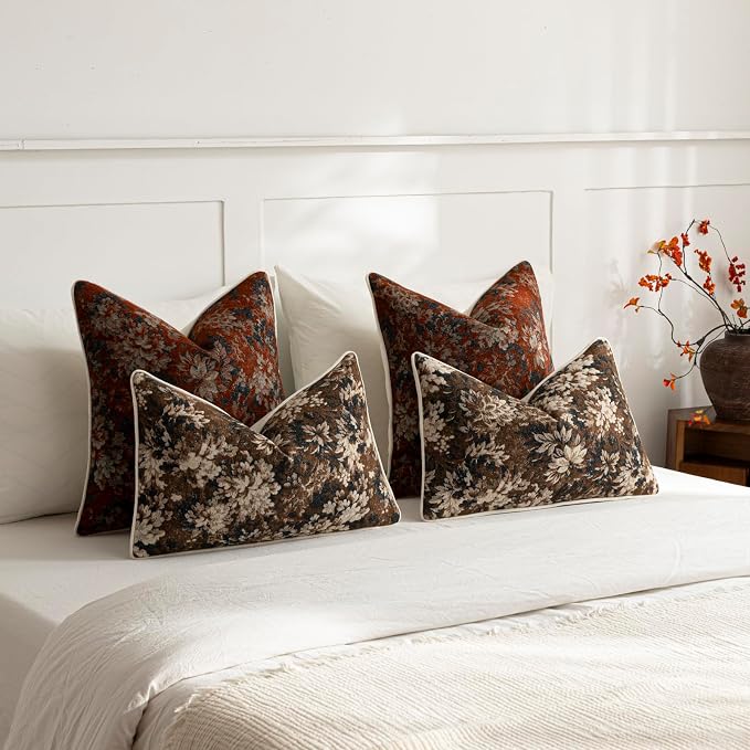 Pack of 2 Vintage Floral Throw Pillow Covers 16x16 Boho Farmhouse Accents Chenille Square Decorative Pillow Cases for Living Room Couch Bed Home Decor, Rust