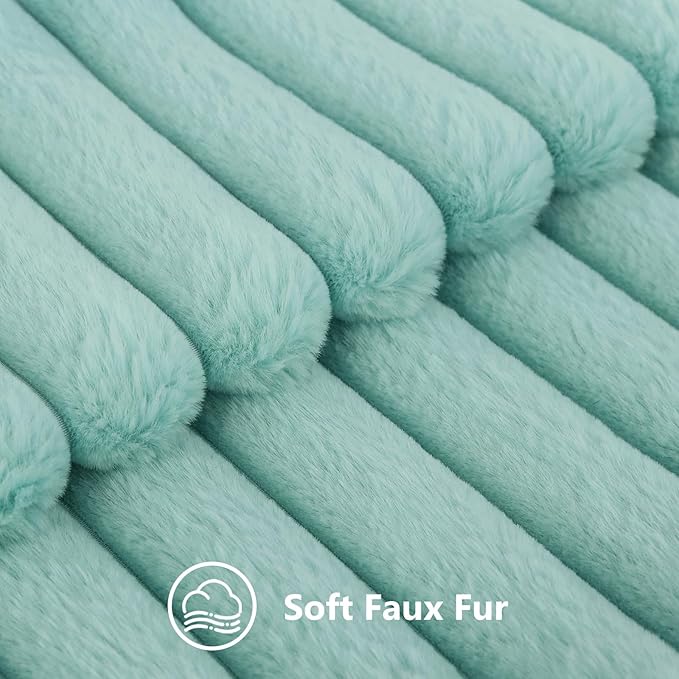 decorUhome Fall Faux Fur Throw Pillow Covers 12x20 Set of 2 Aqua | Decorative Soft Cozy Striped Plush Modern Farmhouse Boho Couch Pillow Cases Velvet Back for Sofa Bed Living Room Home Decor