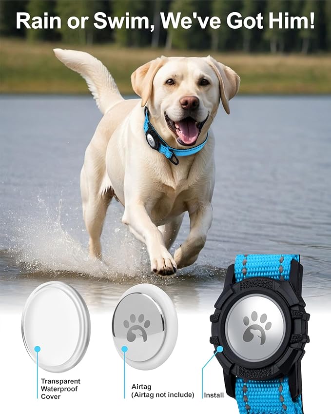 TagME Airtag Dog Collar,Waterproof Reflective Pet Collar with Airtag Holder,Soft Padded and Double D-Rings for Large Dogs,Light Blue