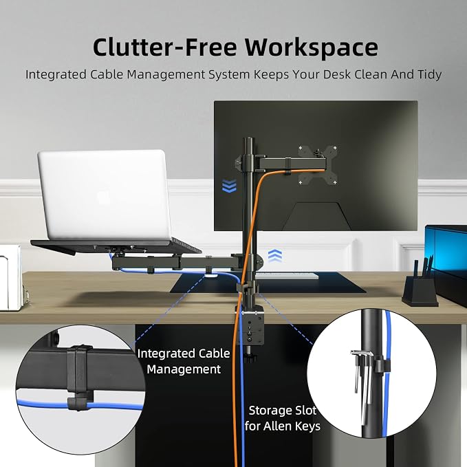suptek Monitor and Laptop Mount Holds 13-32 inch Computer Screen, Adjustable Monitor Arm Stand with Laptop Tray for 13-27 inch, Hold 22 lbs, with Clamp and Grommet Mounting Base
