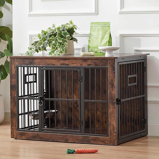 38 Inch Heavy Duty Dog Crate Furniture for Medium Dogs, Decorative Pet House End Table with 3 Doors & Adjustable Bowls, Wooden Cage Kennel Furniture Indoor, Rustic Brown