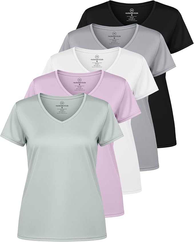 5 Pack Women's Dry Fit V Neck Workout Tops T Shirts Athletic Gym Yoga Tees | Available In Plus Size, Cooling Moisture-Wicking, Short Sleeve, Quick-Dry, Fitness, Stretch, Exercise, Running, Hiking
