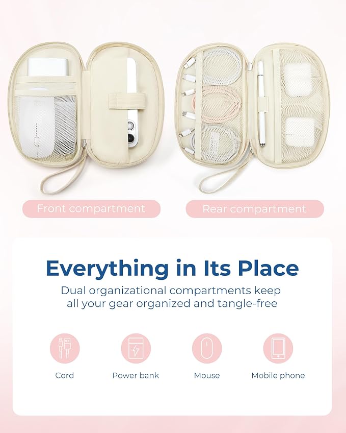 BAGSMART Travel Cord Organizer Electronics Case, Double Layers Puffer Cable Organizer Bag Travel Essentials for Women, Tech Organizer Case for Charger, Phone, Flash Drive - Beige