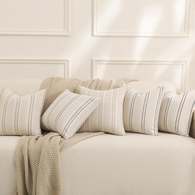 Hckot Decorative Pillow Covers 18x18 Striped Throw Pillows Textured Linen Pillow Covers Farmhouse Decor Cushion Covers for Couch Bed Living Room, Grey