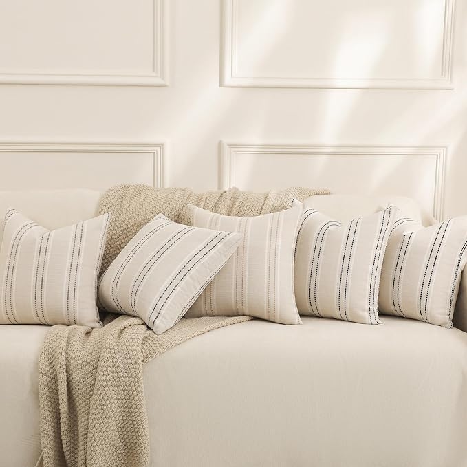 Hckot Throw Pillow Covers 16x16 Set of 2 Striped Pillow Covers Textured Linen Decorative Pillows Square Cushion Covers for Sofa Couch Bed Living Room Farmhouse Decor