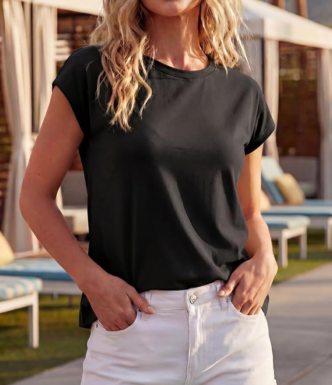 GRECERELLE Womens Summer Tops Cap Sleeve Crew Neck Basic T-Shirt | Everyday Casual Wear, Layering Friendly, Wrinkle-Resistant, Business Casual Ready, Lightweight & Packable, Capsule Wardrobe