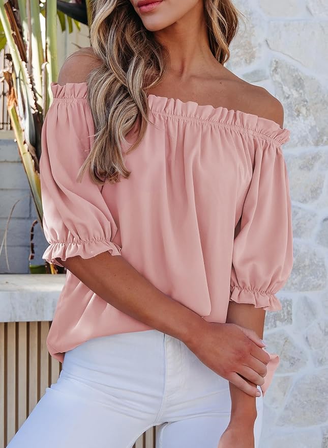 EVALESS Womens Tops Off The Shoulder Blouses for Women Dressy Casual Cute Puff Sleeve T Shirts Fashion 2026