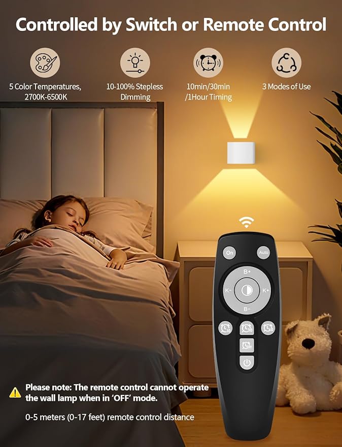 Motion Sensor Wall Light with Remote Control, 5000mAh Rechargeable Battery Powered Wall Lamps, Dimmable 2700-6500K, Adjustable Beam Angle, White Up and Down Wireless Wall Sconce for Indoor, 4-Pack