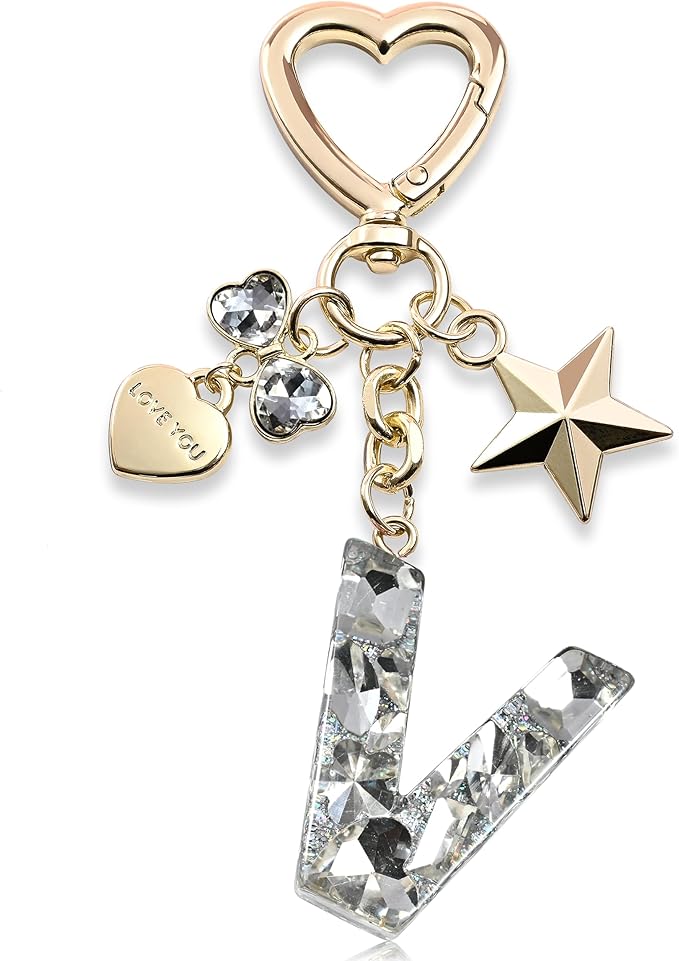 Cute Bling Keychain initial Letter Butterfly Star Pink Purple Gift for Women Girls Bag Cup Charms Accessories