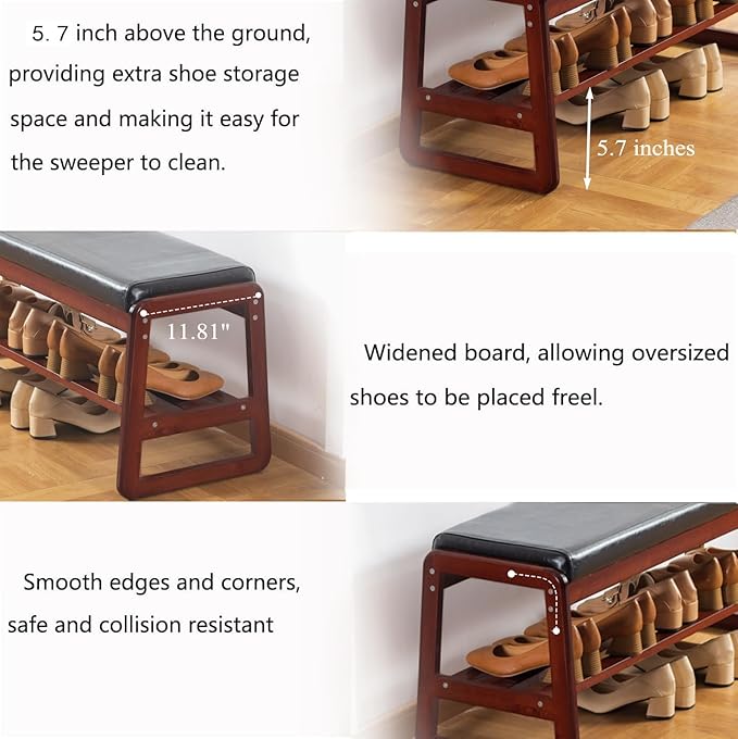 Solid Wood Shoe Bench, 2-Tier Wooden Entryway Bench, Modern Shoe Rack with Faux Leather Cushion for Hallway, Living Room (Black, 39.4'')