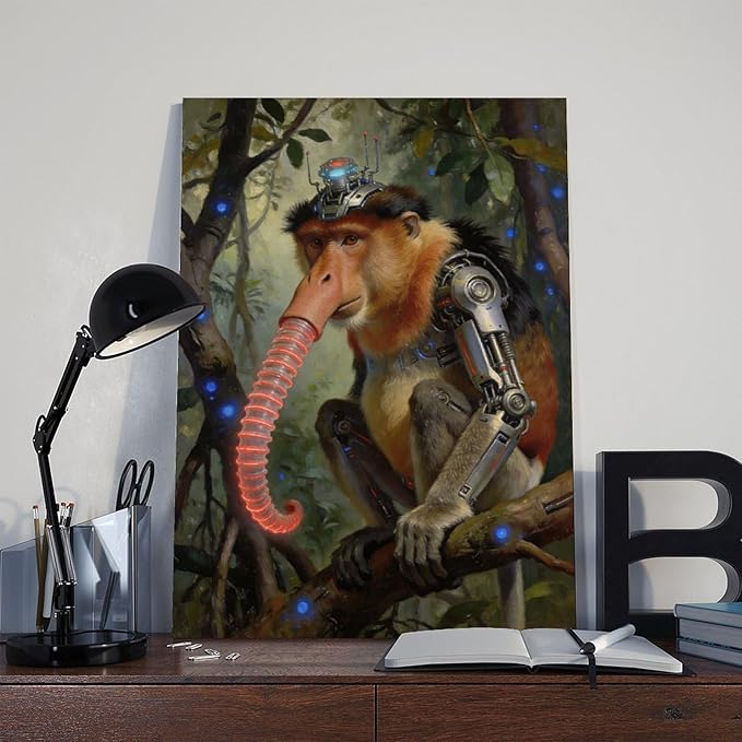 Framed Steampunk Mechanical Proboscis Monkey Wall Art - Jungle Neon Retro Poster for Apartment Leisure Area Decor 08x12inch(20x30cm)