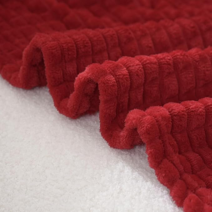 Puncuntex Fleece Throw Blanket Red 50"×60" with Square Grid Design | Super Soft Plush Cozy Flannel Throw Blanket Luxury for Couch Sofa Chair