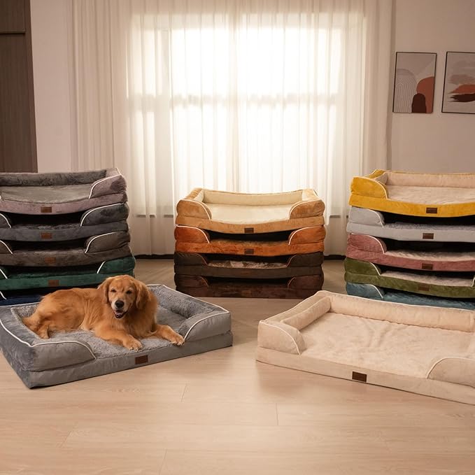 Comfort Expression Orthopedic Dog Bed for Extra Large Dogs 42x30 Inch, Waterproof Supportive Egg Crate Foam XL Pet Bed with Removable Bolsters, Dog Couch with Washable Cover & Non-Slip Bottom, Beige