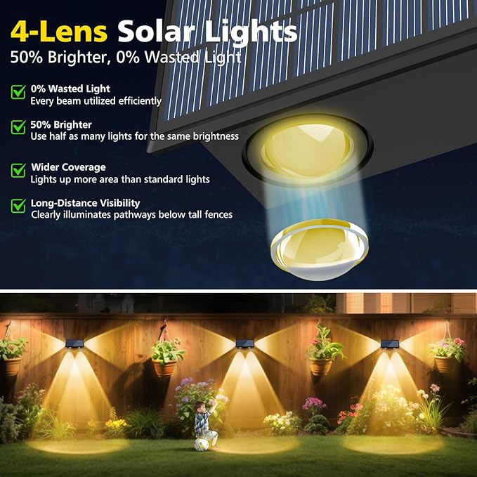 T-SUN Solar Fence Lights Outdoor, 4 Pack Waterproof Fence Lights Solar Powered 8 Mode RGB & Warm White＆Color Changing Dusk to Dawn Wall Lights for Yard Patio Step Deck Railing Pool