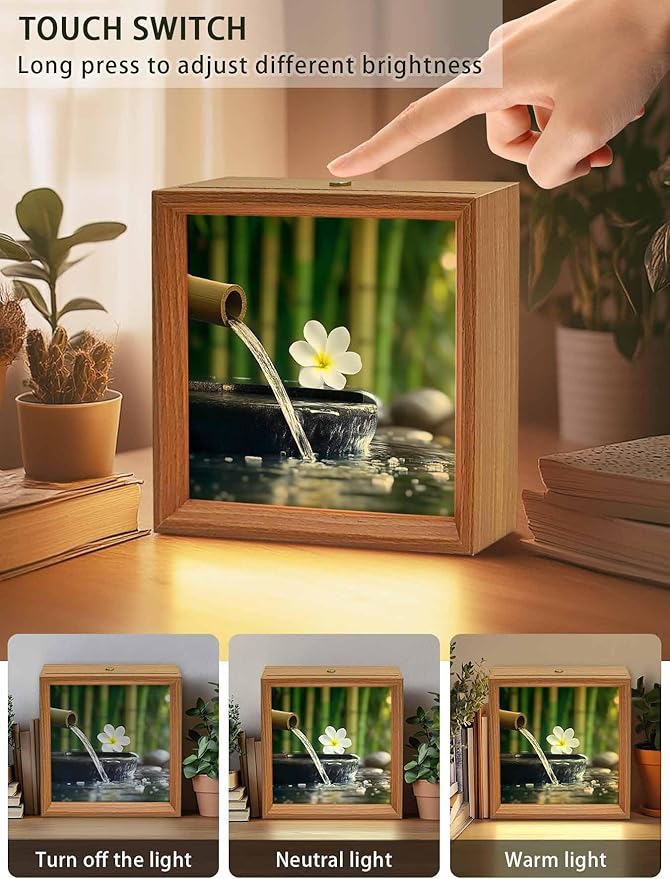Wood Night Light Box 4.5x4.5in,Zen Meditation Plumeria Flower Table Lights Wooden Picture Frame with USB Rechargeable Touch LED Lights for Home Decor Desktop Display,Flowing Water Forest