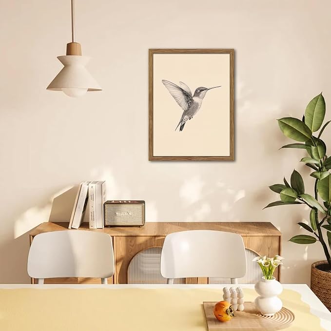 Vintage Framed Wall Art, Birds Canvas Prints, Hummingbird Sketch Painting Picture, Neutral Farmhouse Artwork Wall Decor for Living Room Bedroom – Dark Wooden Frame 16x24in