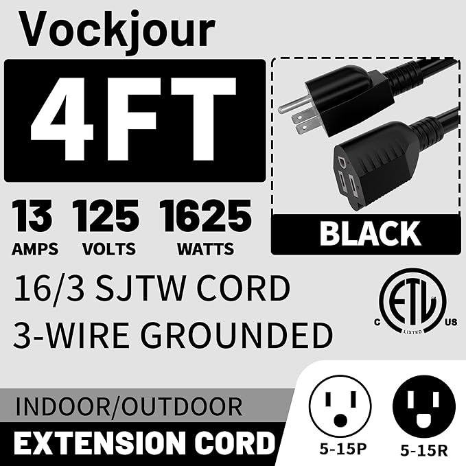 16/3 Black Indoor Outdoor Extension Cord 4 Ft Waterproof, Extension Cord with 3 Prong Grounded Plug,13A 1625W 16AWG SJTW, Flexible Weatherproof Power Cable