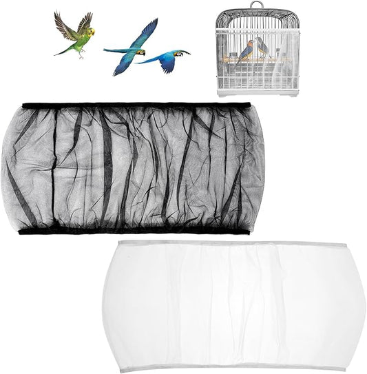 2Pcs Bird Cage Seed Catcher, Soft Airy Bird Cage Net Guard Net Cover Stretchy Universal Birdcage Accessories Suitable Round Square Cages (Circumference 55 Inch to 70 Inch Black White)