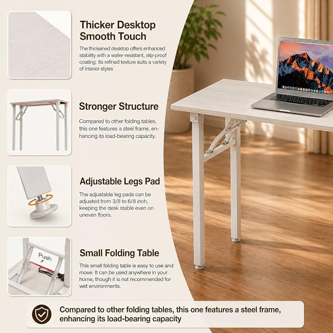 Folding Table Computer Desk - 55.1" No Assembly Folding Desk Design and Foldable Office Desk, Small Desk for Bedroom, Compact Storage Portable Use for Dorm and RV Small Space, White Ash
