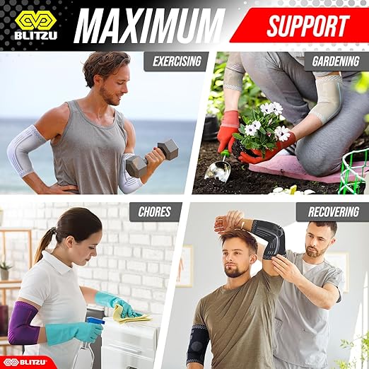 BLITZU Elbow Compression Sleeve for Tendonitis 2 Pack, Tennis Elbow Brace Support for Men and Women Golfers Elbow Pain Relief, Arthritis, Bursitis, Arm Brace for Workout, Weightlifting Nude L