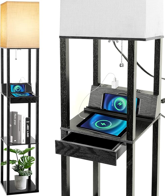 Floor Lamp with Shelves, RUNTOP LED Shelf Floor Lamp with Wireless Charger & 2 Charging USB Ports & Drawer, AC Outlet, 3 Color Temperature Tall Standing Lamp with Bulb for Living Room, Bedroom, Office