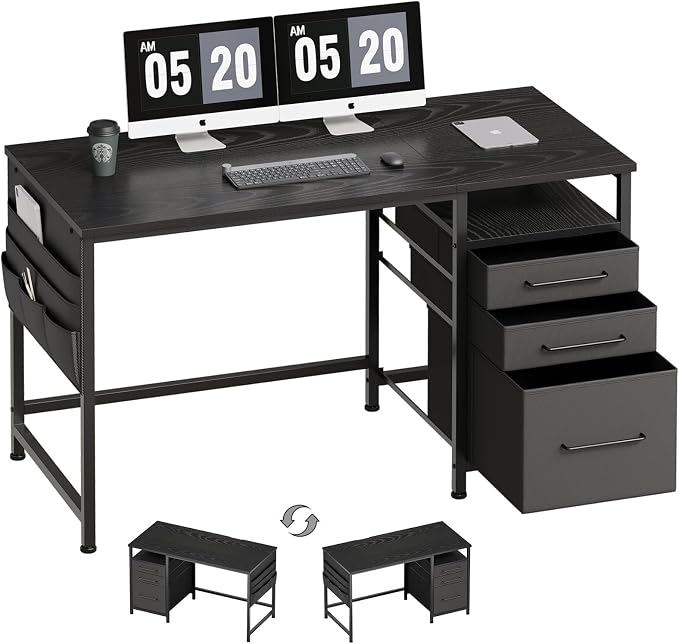 Maihail Small Desk with Drawers, Office Desk with Storage Shelves, Black | 47 Inch Desktop, Metal Frame, 3 Fabric Drawers, Storage Shelves, Computer & Writing Desk, Office Gaming Workstation