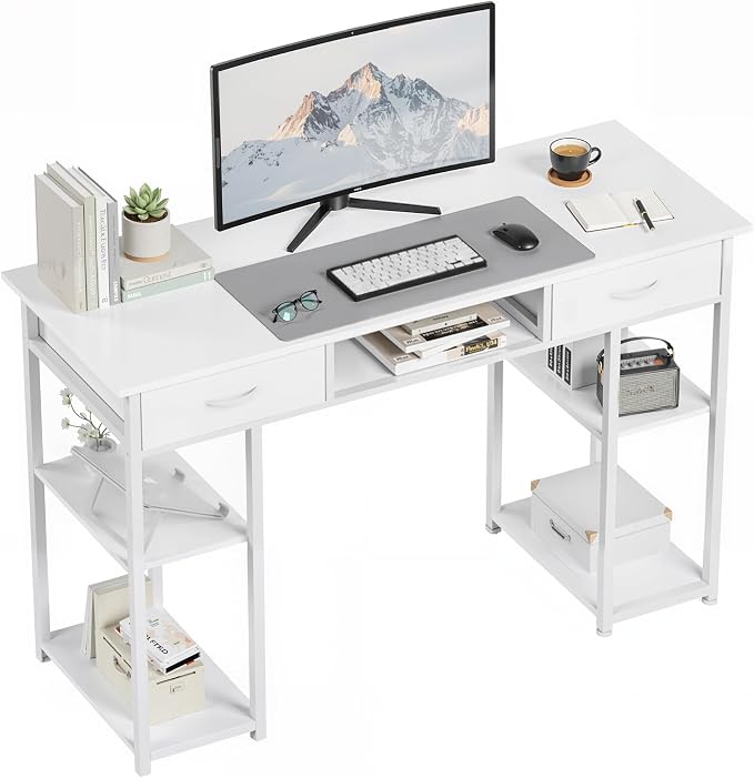 OLIXIS Desk with Storage, Computer Desk, Fabric Drawers | Home Office Work Table, Study Gaming Writing Table, Bedroom Small Space, White