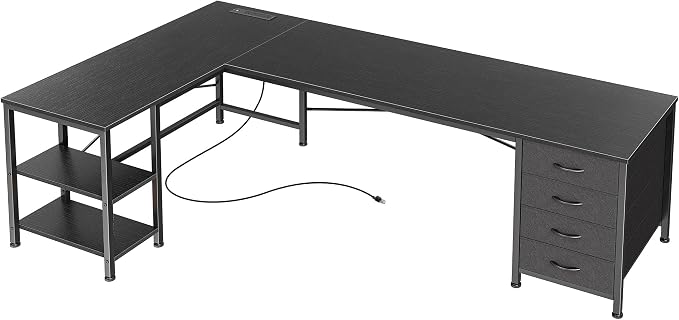 Huuger 63 Inch L Shaped Desk with Fabric Drawers, Reversible Computer Gaming Desk with Power Outlets and USB-C Port, Adjustable Side Storage Shelves, for Work Study Corner Home Office, Black