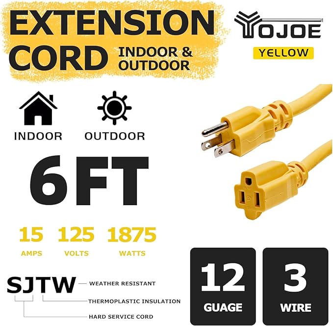 YOJOE Indoor Outdoor Extension Cord, 3 Prong 15A Weatherproof Power Cord, 12 Gauge Heavy Duty 6 ft Yellow Extension Cord for Garage, Garden and Home, 12/3 SJTW UL Listed