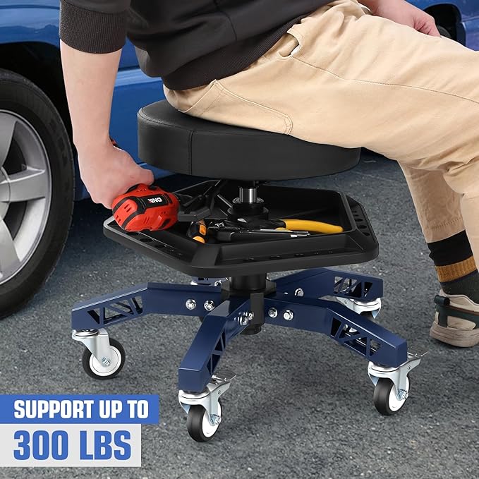 DNA Motoring Rolling Shop Stool, Adjustable Height Padded Rolling Seat, Pneumatic Roller Mechanic Stool for Garages, w/Tool Storage Tray, 300lbs Capacity, TOOLS-00636-BK-BL