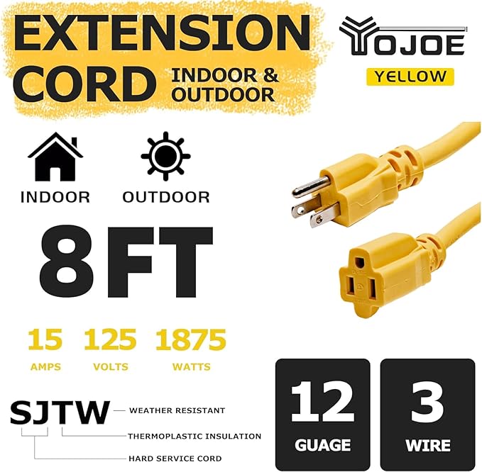YOJOE Indoor Outdoor Extension Cord, 3 Prong 15A Weatherproof Power Cord, 12 Gauge Heavy Duty 8 ft Yellow Extension Cord for Garage, Garden and Home, 12/3 SJTW UL Listed
