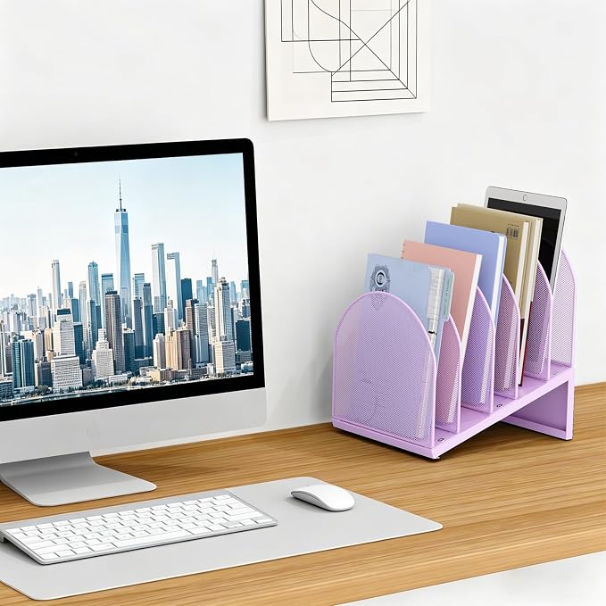gianotter Desktop File Organizer with 5 Compartments | Desk Organizer Paper Organizer for Desk Workspace Organizers for Office Supplies (Purple, Inclined Style)