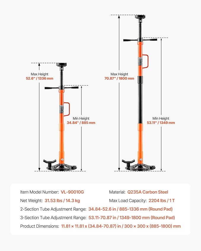 VEVOR Underhoist Support Stand, 1 Ton (2204 lbs) Capacity Under Hoist Jack Stand with Handle, Adjustable Height, Bearing Mounted Spin Handle, Self-Locking Threaded Screw, Support Vehicle Components