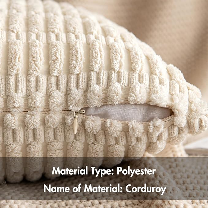MIULEE Pack of 2 Corduroy Decorative Throw Pillow Covers 16x16 Inch Soft Boho Striped Pillow Covers Modern Farmhouse Home Decor for Sofa Living Room Couch Bed Cream White
