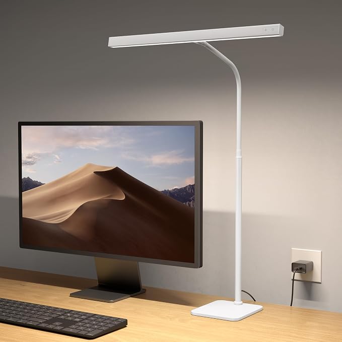 SUPERDANNY LED Desk Lamp for Home Office, Eye-Caring Desk Light with Base, 12W Touch Control 3 Colors Dimmable Brightness, Gooseneck Architect Lamp for Computer Monitor Reading Workbench, White