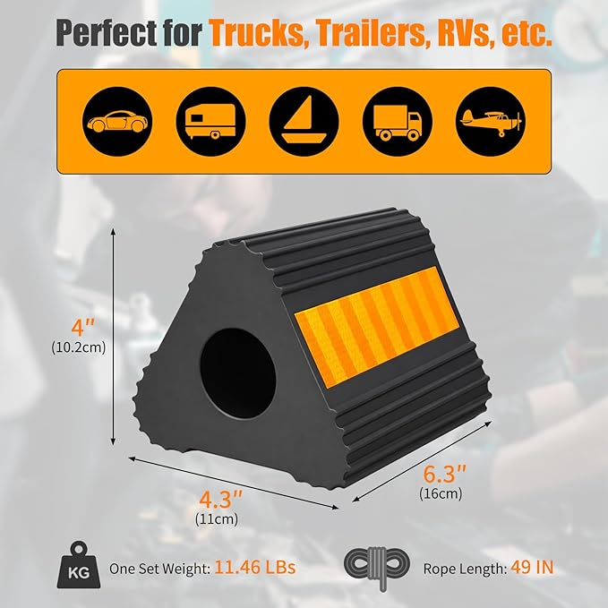 4 Pack Rubber Wheel Chocks for RV, Trailer, Camper & Truck | Heavy-Duty Tire Chock Blocks with Non-Slip Grip & Reflective Strips | Wheel Stopper for Car, Boat, Travel Trailer, RV Accessories
