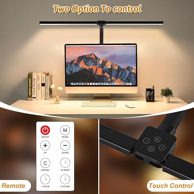 LED Desk Lamp with Clamp and Base, Dual Head Monitor Light | 24W Dimmable Eye-Caring Task Lamp with Timer, Anti-Glare Cover and Gooseneck for Home Office Dorm, Workbench and Study