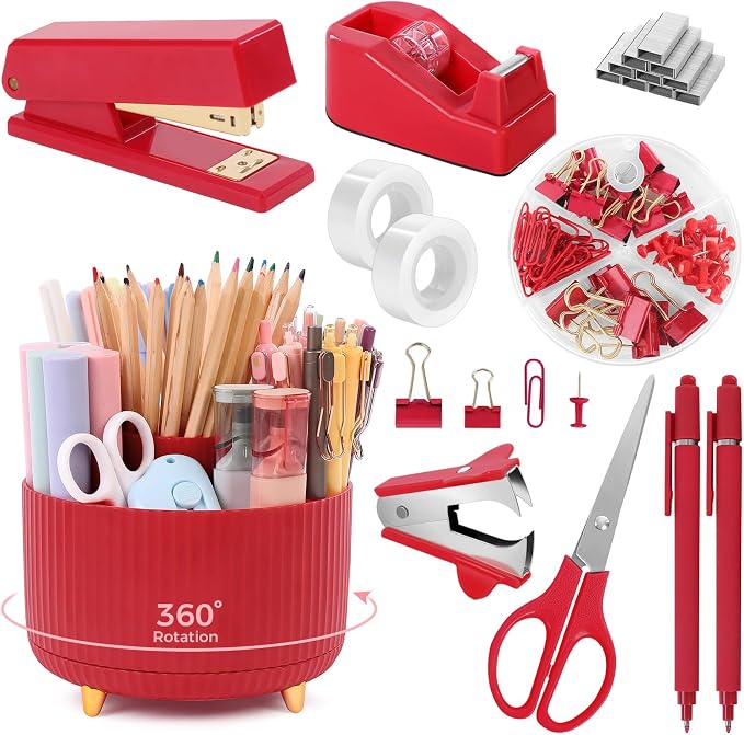 SKYDUE Red Office Supplies Set, Pencil Holder for Desk, Stapler, Tape Dispenser, Scissors,Clips and 1000pcs Staples, Office Decor for Women, Red Desk Accessories
