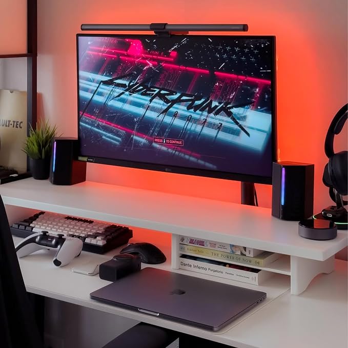 Bamboo Dual Monitor Stand Riser White, 2-Tier Desk Monitor Riser for 2 Monitors, Supports for PC Computer Monitor, Printer, Heavy TV Riser up to 300 lbs, White