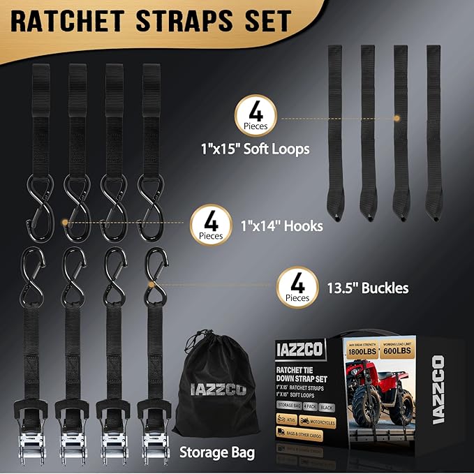 Ratchet Straps - Heavy Duty Tie Downs Straps - 1 Inch x 15 Feet 4 Pack - Safety S Hooks & Soft Loops, 1800LBS Break Strength for Men, Trucks Cargo Moving appliances Motorcycle ATV