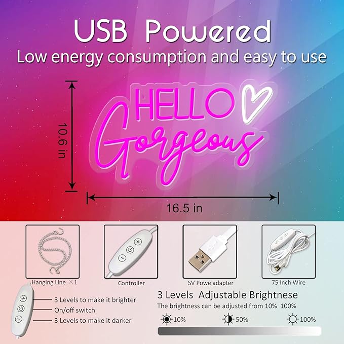 Hello Gorgeous Neon Sign Pink USB LED Neon Lights for Home Wedding Birthday Backdrop Bacelorette Party Decor Room with Dimmable Switch(5V,16.5X10.6inches)