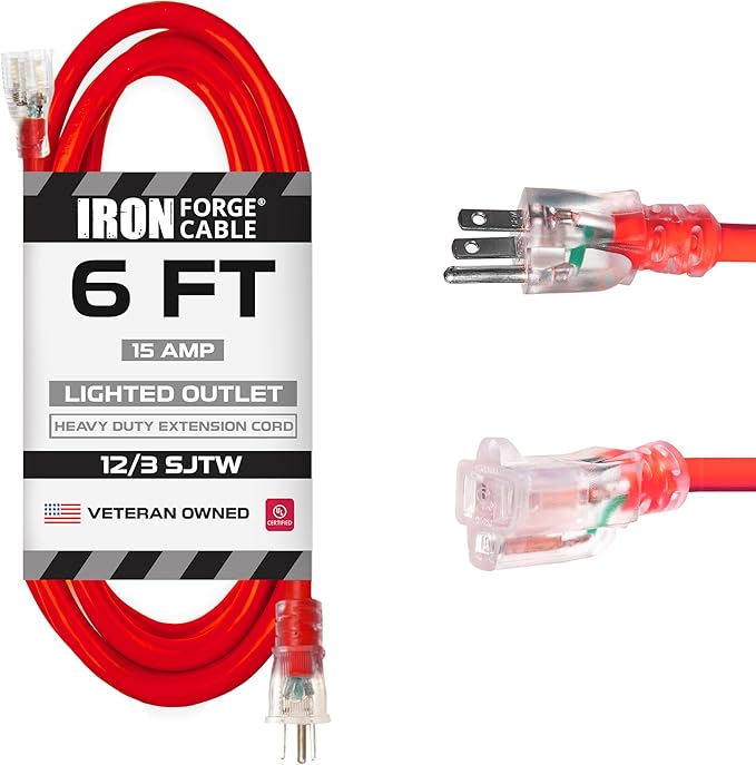 Iron Forge Cable 6 ft Lighted Outdoor Extension Cord - 12/3 SJTW Heavy Duty Red Extension Cable with 3 Prong 15 AMP Grounded Plug for Safety