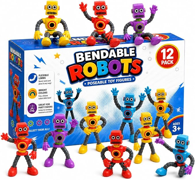 ArtCreativity 12 Pack Bendable Robot Figures, Anxiety Relief Toys, Robot Party Favors for Boys and Girls, Stress Relief Fidget Toys, Sensory Toys for Kids and Adults, Goody Bag Stuffers