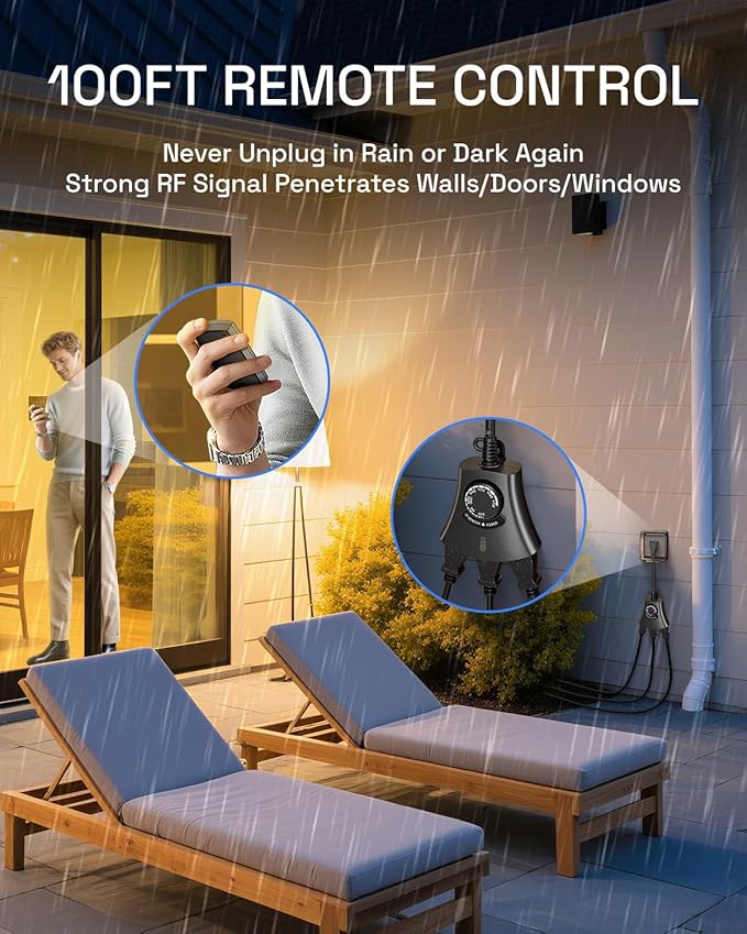 HBN Outdoor Light Timer with Remote Control, Waterproof Light Sensor Timer, 100 ft Wireless Range, 2 Grounded Outlets for Christmas Lights, 15A 1/2HP Heavy Duty