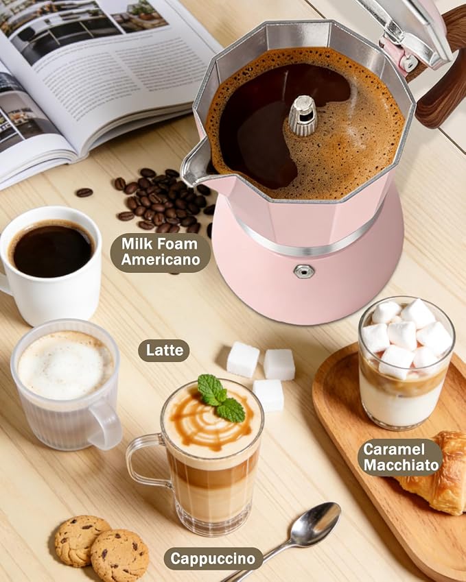 Coffee Maker Stovetop Espresso Maker 9 Cup Aluminum Moka Pot Percolator 15oz 450ml Easy Brewing for Electric Ceramic Stoves Home Camping Italian Cuban Café Classic Pink